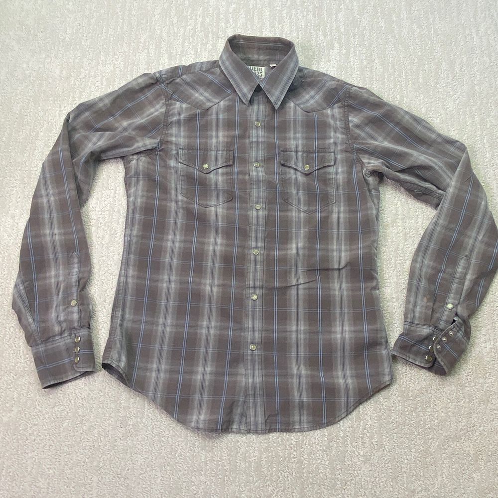 Ruehl snap button shirt mens medium brown plaid long sleeve*
